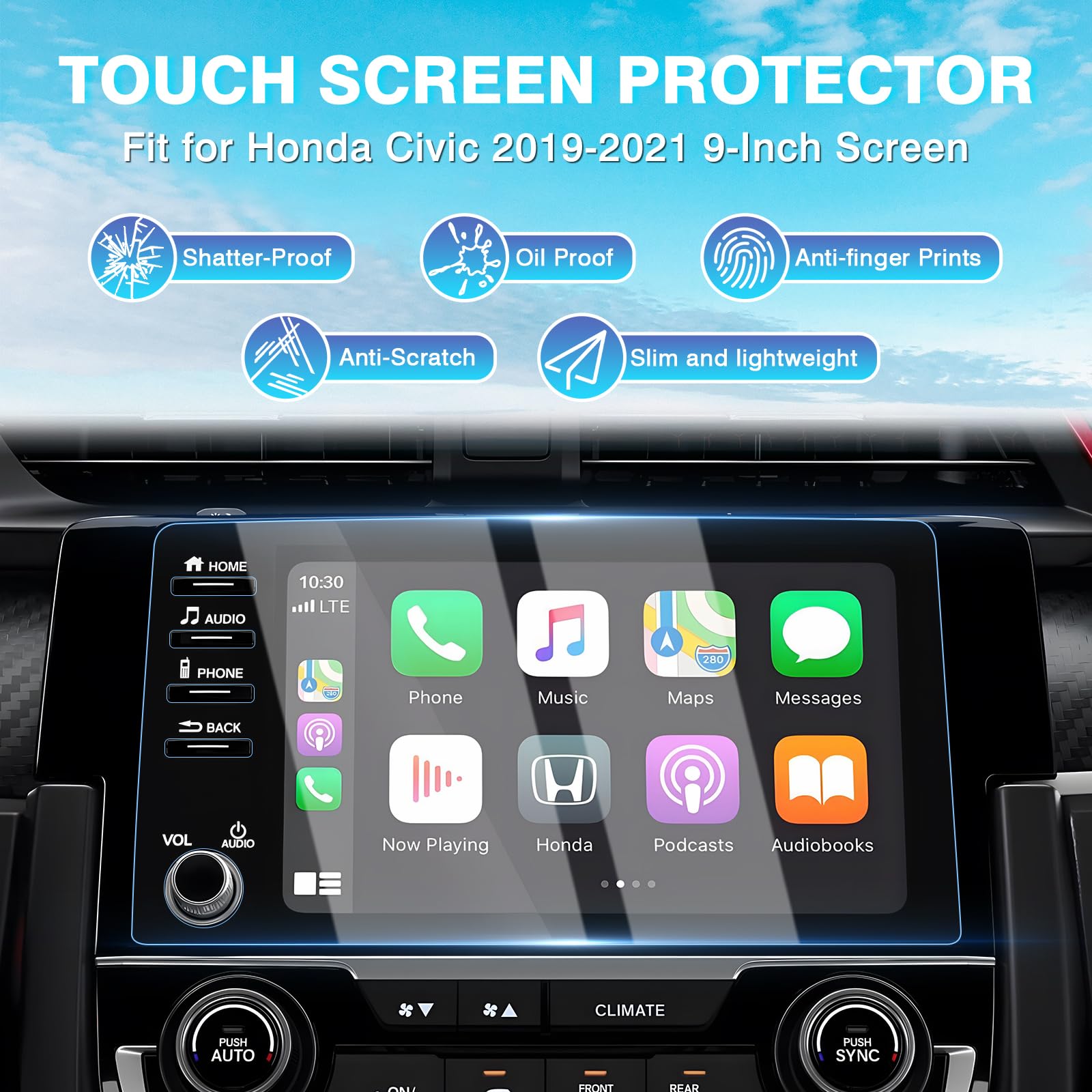 Karltys 2 Pack 9-Inch Tempered Glass Screen Protector for 2019-2021 Honda Civic LX EX Touring Si - Ultra Clear Anti Glare Cover